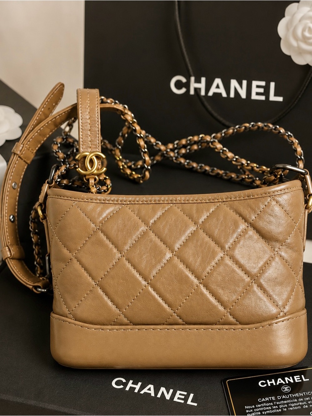 CHANEL Quilted Crossbody Bag in Tan Leather with Gold-Tone Chain